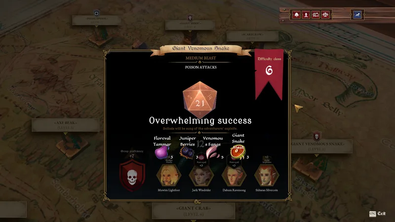 Official reveal screenshot showing a dice-based adventure result