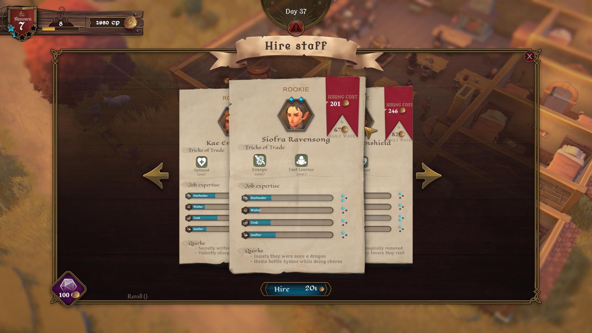Official hiring screen with staff candidate cards, hiring cost, daily wage, traits and job expertise