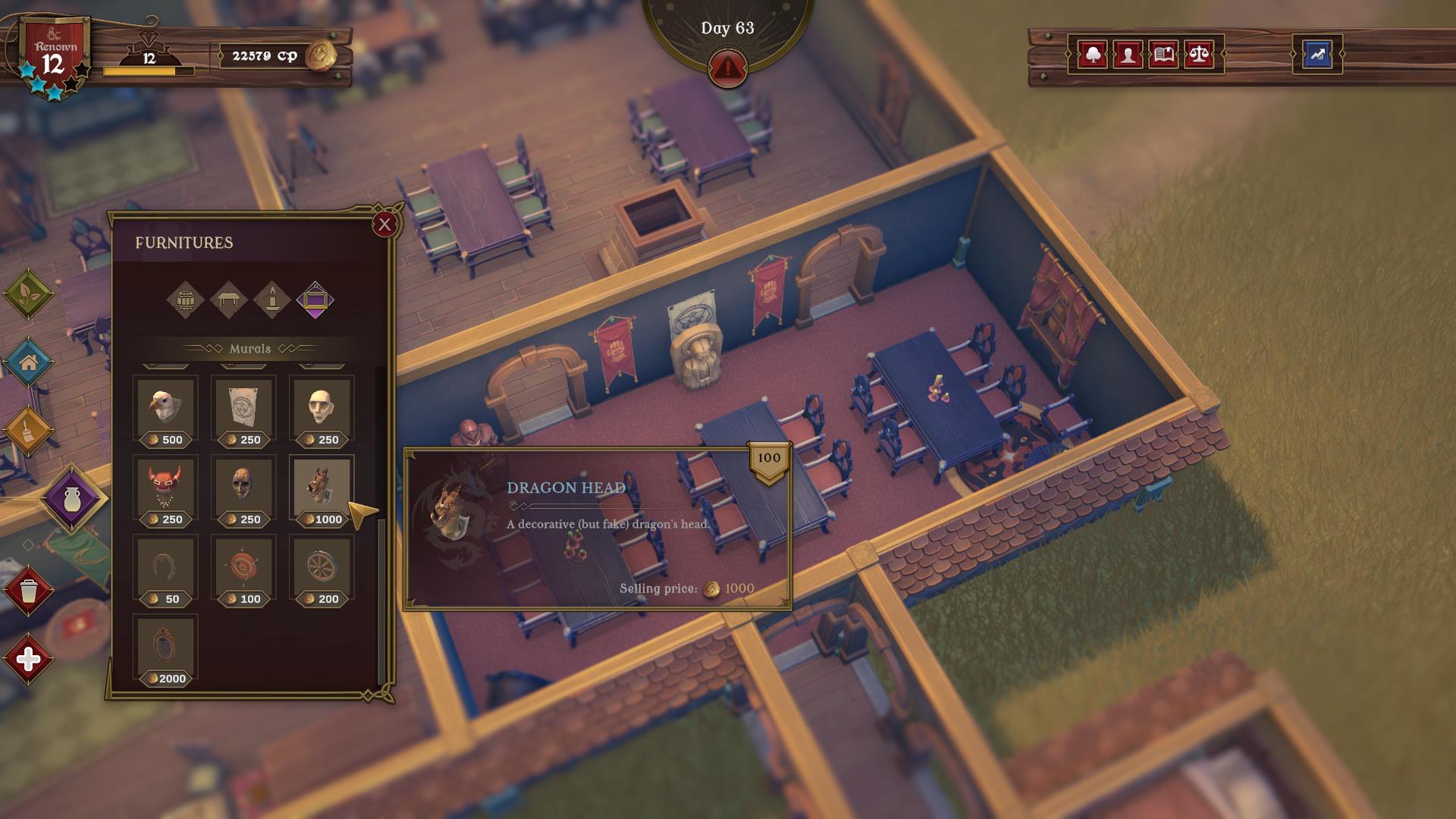 Official reveal screenshot of the tavern furnishings interface with a dragon-head decoration selected